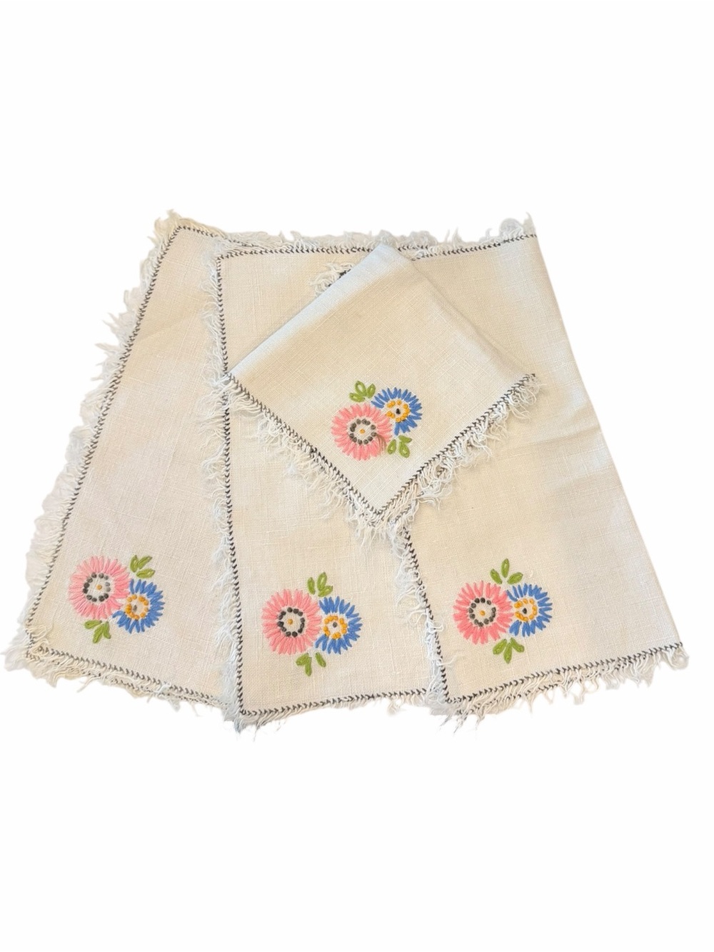 Vintage Flower Embroidered Linen Handkerchief Or Small Napkins 9” Set Of 4